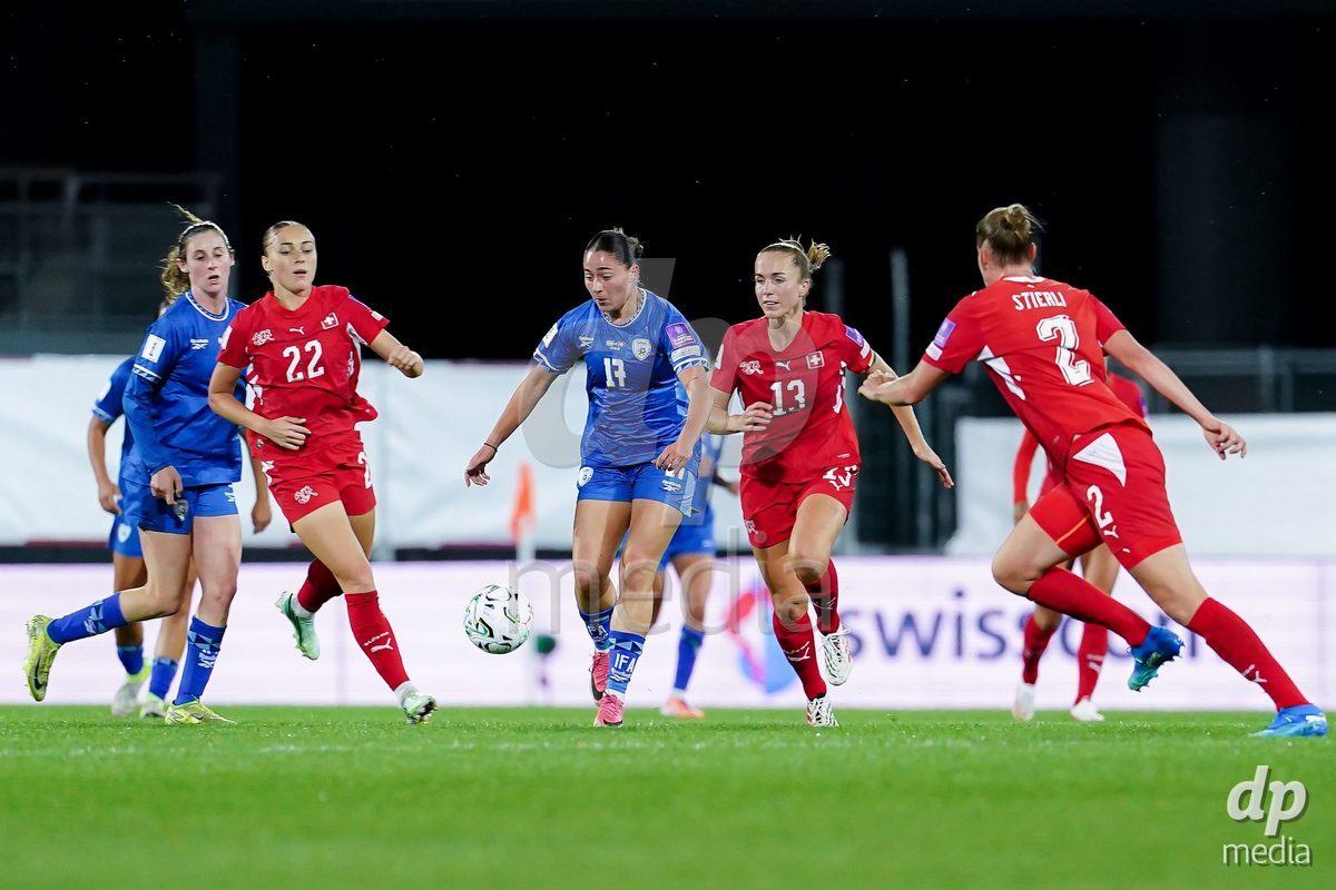SION, SWITZERLAND - OCTOBER 13: Smadar Cohen of Israel and Lia Walti of Switzerland battle for the ball during the FIFA Women´s World Cup European Qualifiers match between Switzerland and Israel at Stade de Tourbillon on October 13, 2026 in Sion, Switzerland.