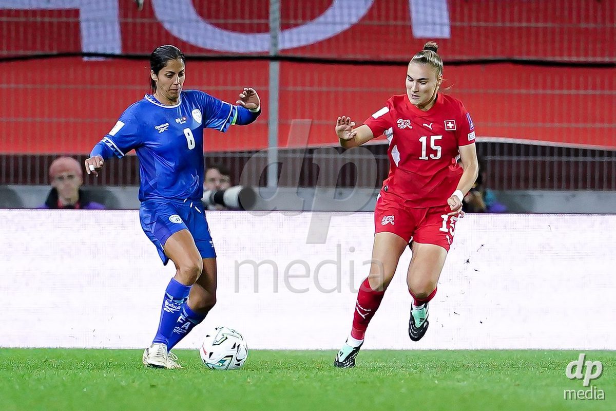 SION, SWITZERLAND - OCTOBER 13: Shani David of Israel and Alena Bienz of Switzerland battle for the ball during the FIFA Women´s World Cup European Qualifiers match between Switzerland and Israel at Stade de Tourbillon on October 13, 2026 in Sion, Switzerland.