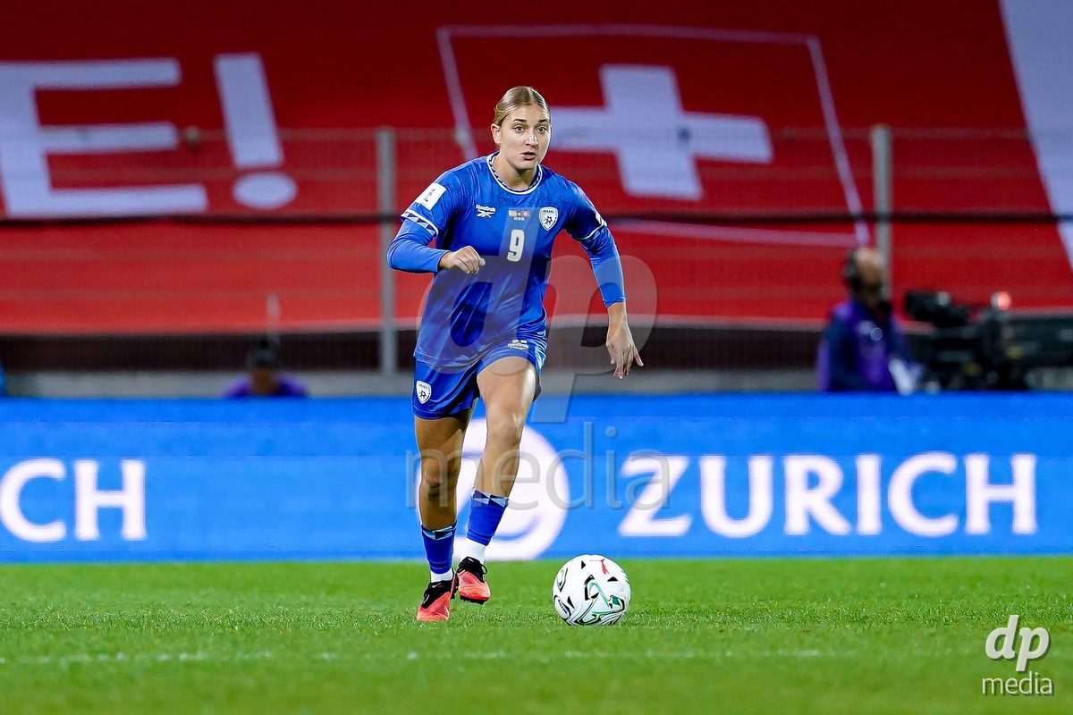 SION, SWITZERLAND - OCTOBER 13: Tamar Lipsicas Geva of Israel controls the ball during the FIFA Women´s World Cup European Qualifiers match between Switzerland and Israel at Stade de Tourbillon on October 13, 2026 in Sion, Switzerland.