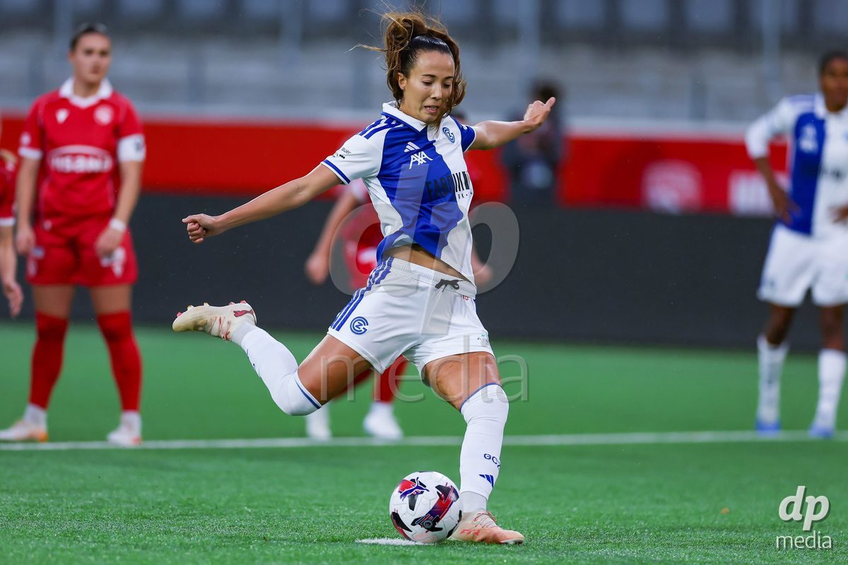 THUN, SWITZERLAND - OCTOBER 25: Marta Cazalla Garcia from the GC Frauenfussball scores from the penalty during the AXA Women's Cup match between FC Thun and GC Frauenfussball at Visana Stadion on October 25, 2026 in Thun, Switzerland.