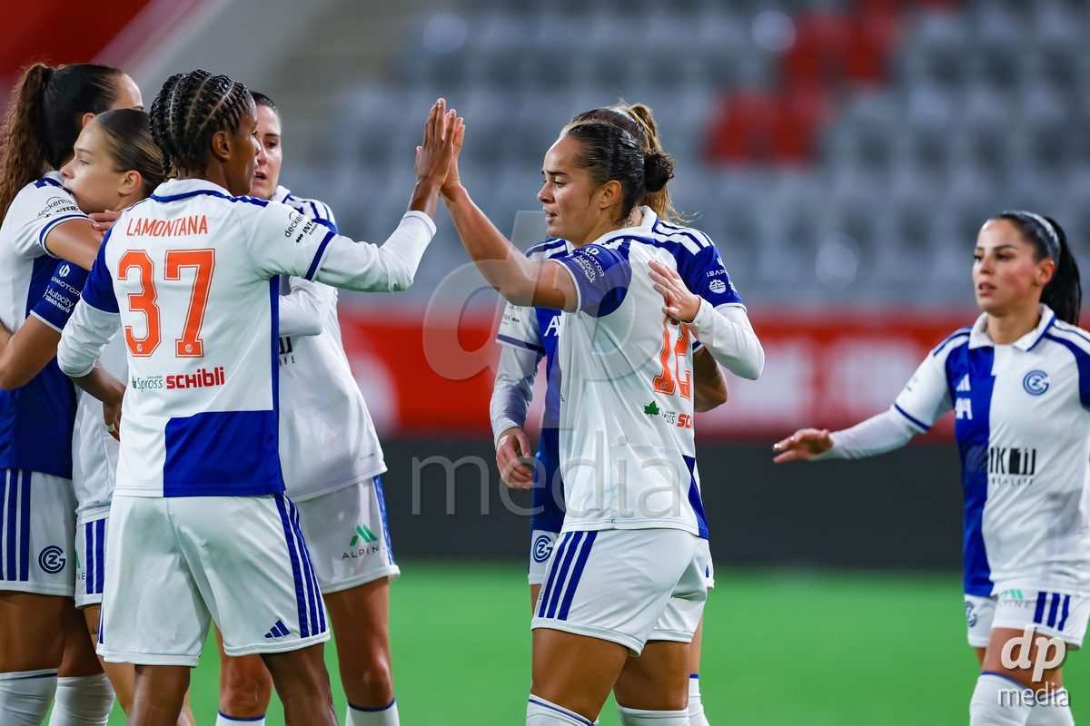 THUN, SWITZERLAND - OCTOBER 25: Celebrating again after the goal scored by Kayla McKenna from the GC Frauenfussball during the AXA Women's Cup match between FC Thun and GC Frauenfussball at Visana Stadion on October 25, 2026 in Thun, Switzerland.