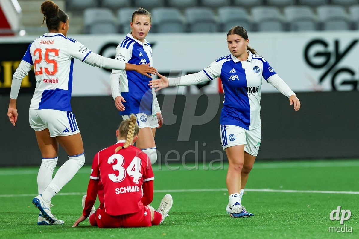 THUN, SWITZERLAND - OCTOBER 25: Michelle Storni from the GC Frauenfussball (R) after GCZ’s fifth goal during the AXA Women's Cup match between FC Thun and GC Frauenfussball at Visana Stadion on October 25, 2026 in Thun, Switzerland.
