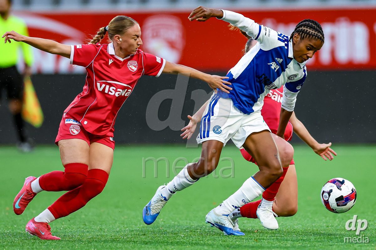 THUN, SWITZERLAND - OCTOBER 25: Sury Lamontana from the GC Frauenfussball (R) during the AXA Women's Cup match between FC Thun and GC Frauenfussball at Visana Stadion on October 25, 2026 in Thun, Switzerland.