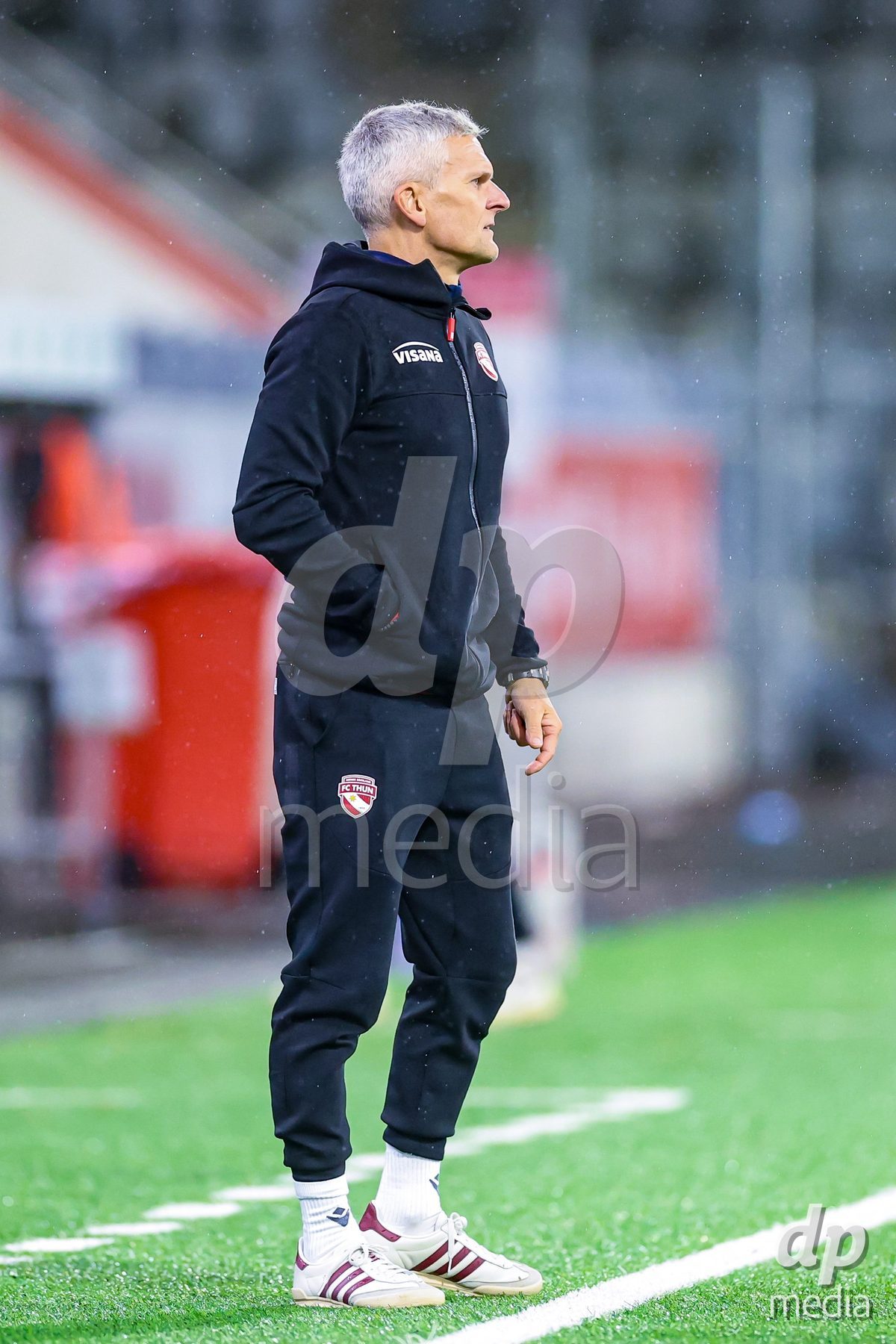 THUN, SWITZERLAND - OCTOBER 25: Emil Inauen, Head Coach from the FC Thun Frauen, after Simona Rumyanova Stefanova from FC Thun Frauen was shown a red card, during the AXA Women's Cup match between FC Thun and GC Frauenfussball at Visana Stadion on October 25, 2026 in Thun, Switzerland.