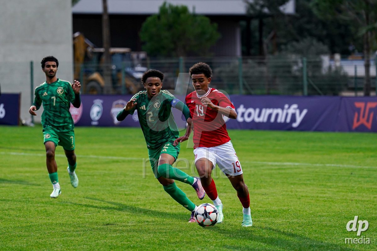 SIDE, TURKIYE - OCTOBER 28: Malte Musenene of Denmark battles for the ball during the International Friendly match between Denmark U16 and Saudi Arabia U16 at Emirhan Sport Complex on October 28, 2026 in Side, Turkiye.
