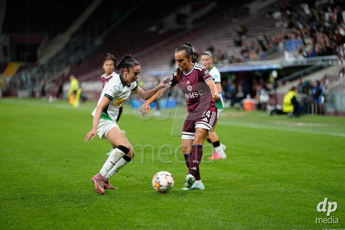GENEVA, SWITZERLAND - OCTOBER 28: Joana Marchao of Servette FC Chenois Feminin against Virag Nagy and Ioanna Papatheodorou of OH Leuven during the UEFA Women's Champions League match between Servette FC Chenois Feminin and OH Leuven at Stade de Geneve on October 28, 2026 in Geneva, Switzerland.