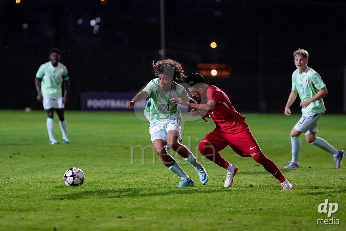 SIDE, TURKIYE - OCTOBER 28: Martinico Jaden Antonio of Switzerland battles for the ball during the International Friendly match between Switzerland and Turkiye at Emirhan Sport Complex on October 28, 2026 in Side, Turkiye.