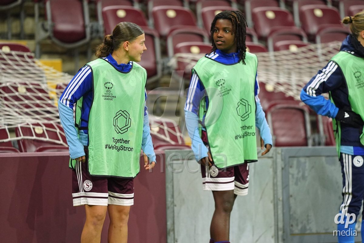 GENEVA, SWITZERLAND - OCTOBER 28: Garance Nein and Chiara Wallin of Servette FC Chenois Feminin during warmup during the UEFA Women's Champions League match between Servette FC Chenois Feminin and OH Leuven at Stade de Geneve on October 28, 2026 in Geneva, Switzerland.