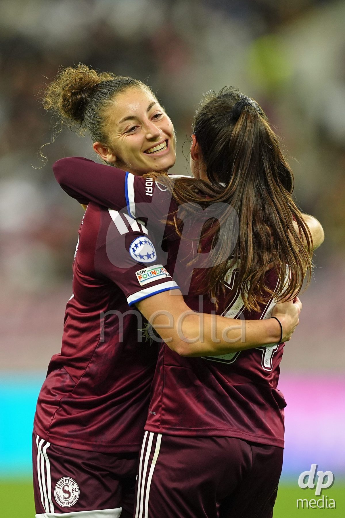 GENEVA, SWITZERLAND - OCTOBER 28: Joana Marchao of Servette FC Chenois Feminin celebrates her goal with Elodie Nakkach of Servette FC Chenois Feminin during the UEFA Women's Champions League match between Servette FC Chenois Feminin and OH Leuven at Stade de Geneve on October 28, 2026 in Geneva, Switzerland.