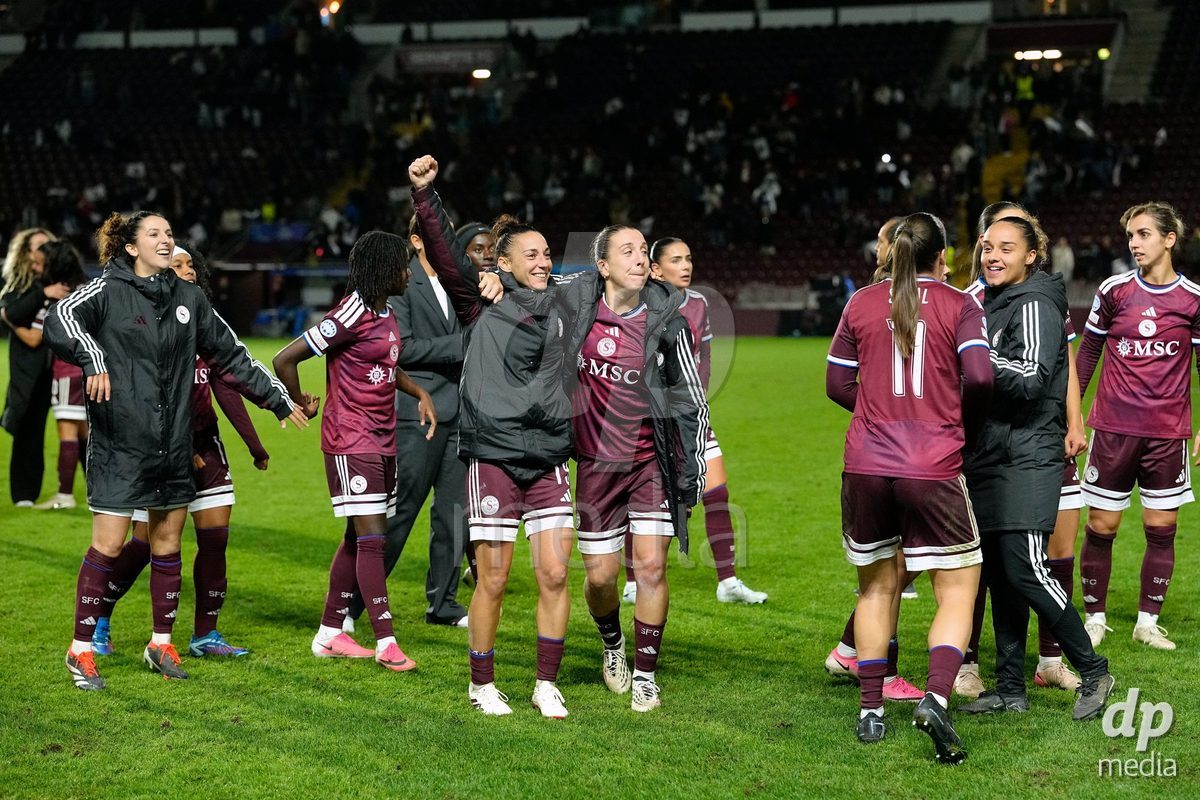 GENEVA, SWITZERLAND - OCTOBER 28: Goalkeeper Manon Le Page, Gloria Marinelli, Paula Serrano, Natasha Andonova, Ghoutia Karchouni, Meriame Terchoun, Benedicte Simon and Mickaella Cardia of Servette FC Chenois Feminin after the UEFA Women's Champions League match between Servette FC Chenois Feminin and OH Leuven at Stade de Geneve on October 28, 2026 in Geneva, Switzerland.