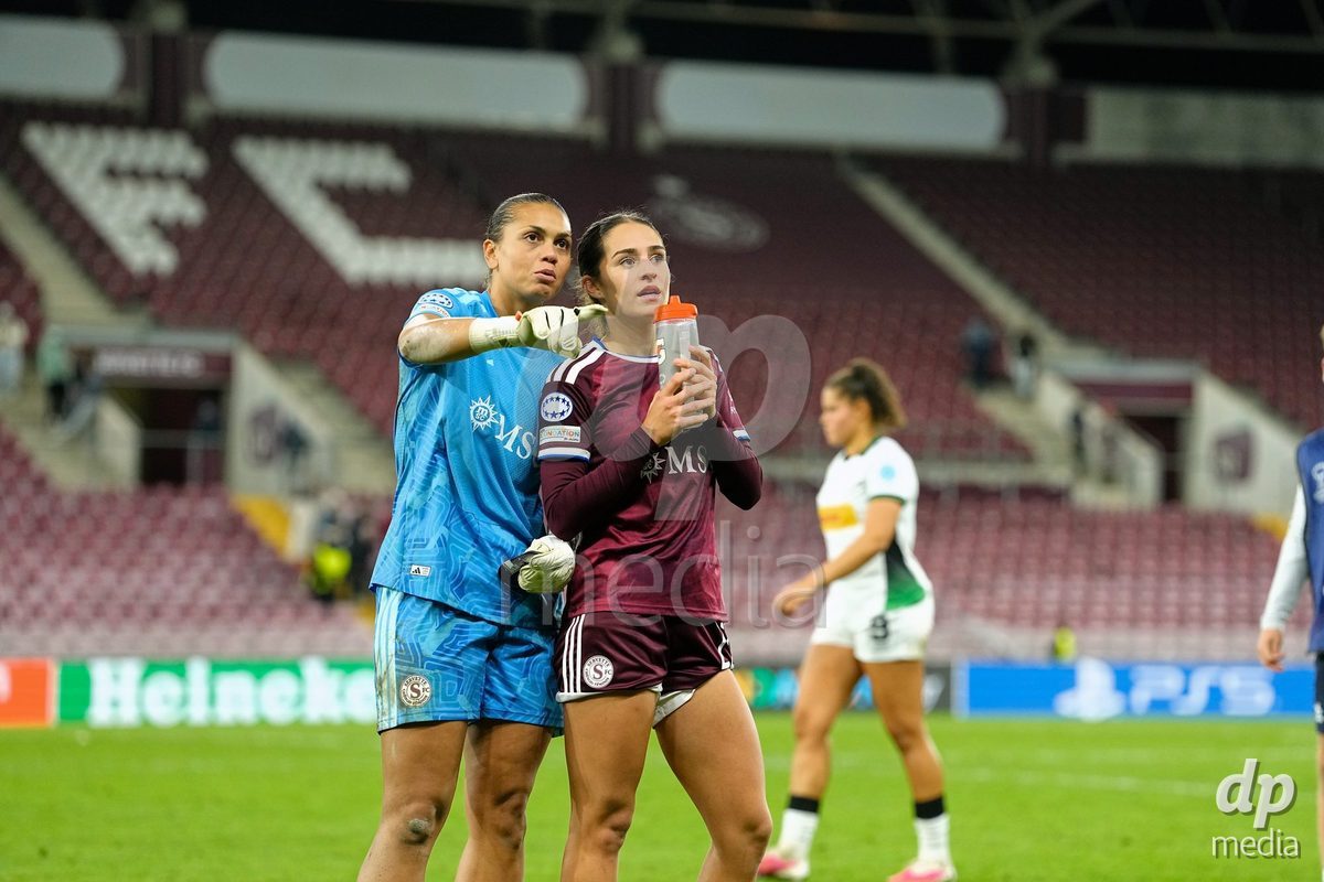 GENEVA, SWITZERLAND - OCTOBER 28: Goalkeeper Jacintha Weimar and Amina Muratovic of Servette FC Chenois Feminin after the UEFA Women's Champions League match between Servette FC Chenois Feminin and OH Leuven at Stade de Geneve on October 28, 2026 in Geneva, Switzerland.