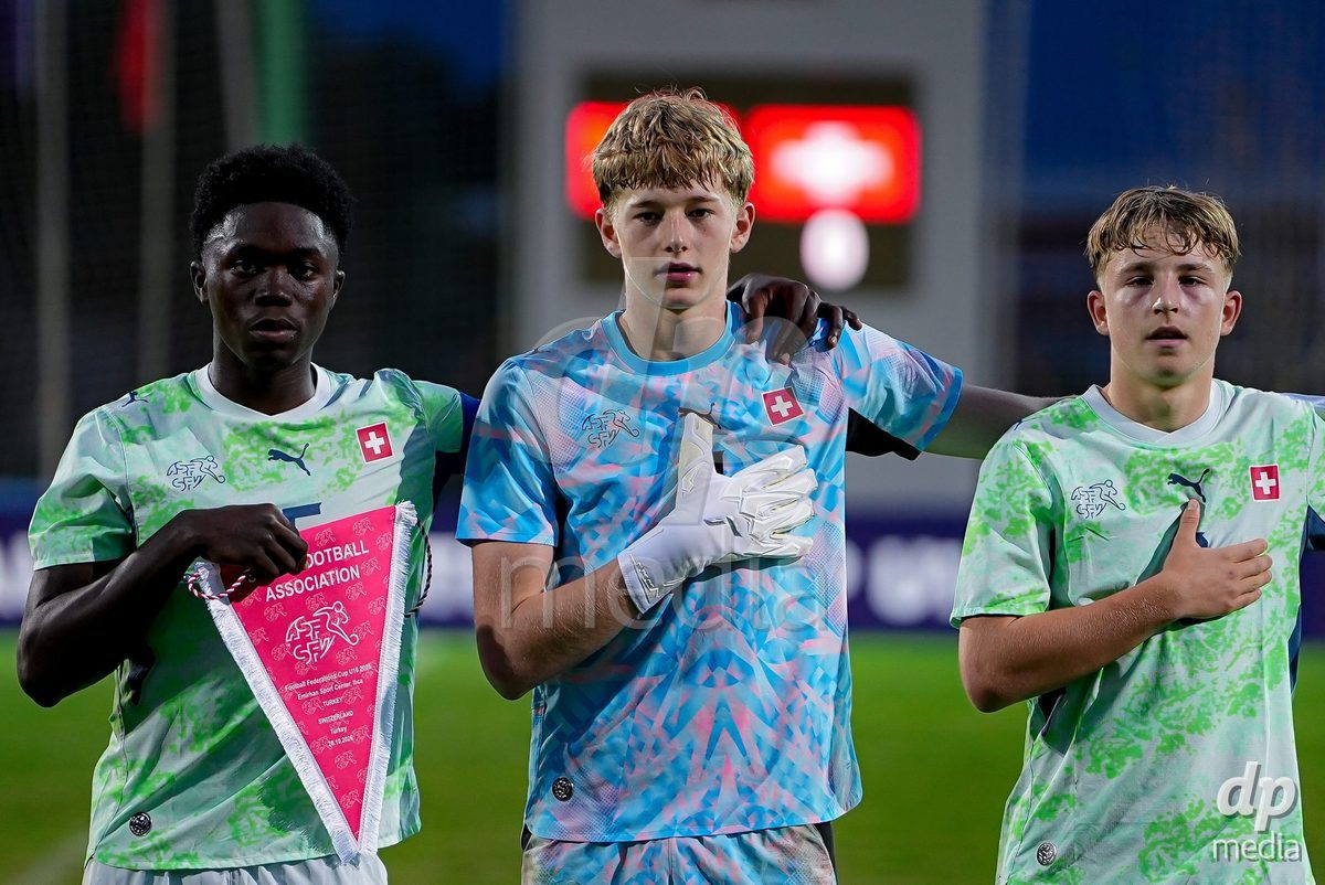SIDE, TURKIYE - OCTOBER 28: Meudje Manuel of Switzerland, Buel Valentin of Switzerland, and Metzger Jaron of Switzerland during the International Friendly match between Switzerland and Turkiye at Emirhan Sport Complex on October 28, 2026 in Side, Turkiye.