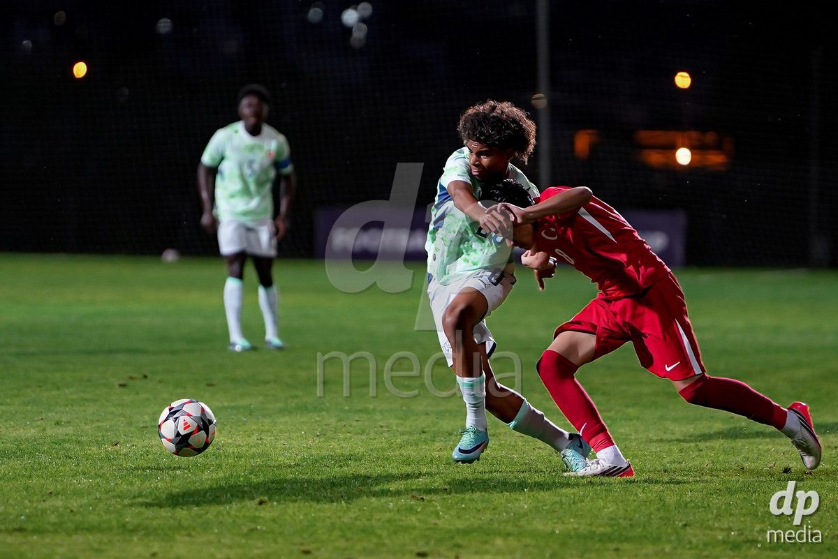 SIDE, TURKIYE - OCTOBER 28: Martinico Jaden Antonio of Switzerland battles for the ball during the International Friendly match between Switzerland and Turkiye at Emirhan Sport Complex on October 28, 2026 in Side, Turkiye.