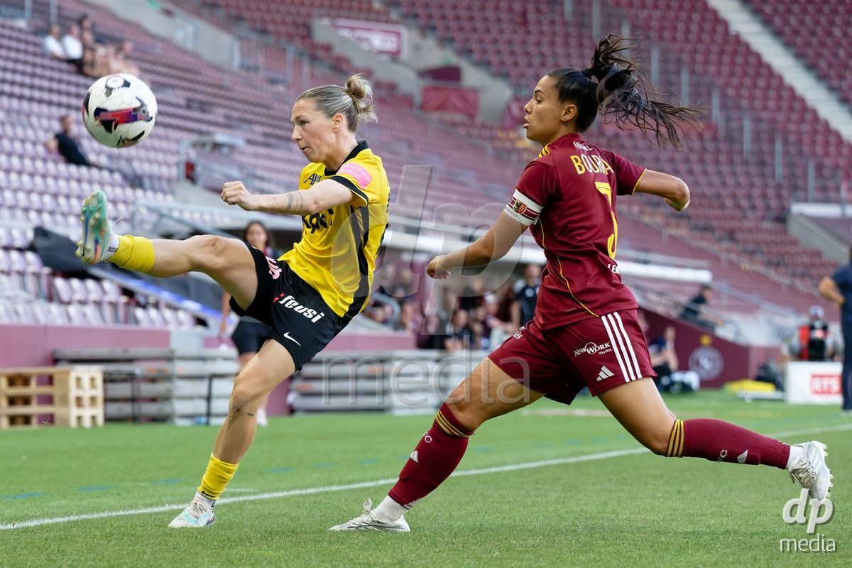Geneva, Switzerland - May 29 : Joana Gaspar Da Silva Marchao of Servette FC Chenois Feminin in action (close up) under pressure of Daina Bourma of Servette FC Chenois Feminin   during the AWSL Final Second Leg match between Servette FC Chenois Feminin  and BSC YB Frauen  at Stade de Geneve on May 29 , 2026 in Geneva, Switzerland.