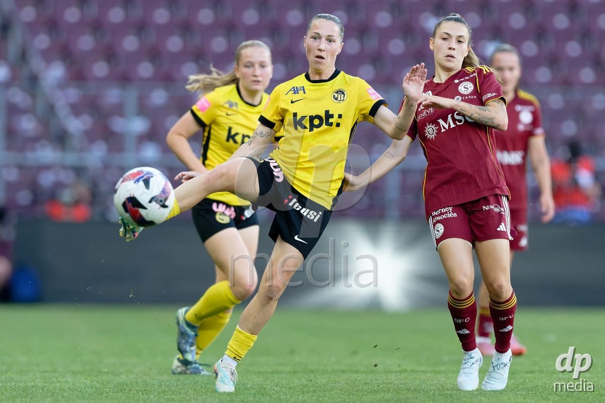 Geneva, Switzerland - May 29 : Lisa Josten of BSC YB Frauen in action (close up) under pressure of Ascension Martinez Salinas of Servette FC Chenois Feminin   during the AWSL Final Second Leg match between Servette FC Chenois Feminin  and BSC YB Frauen  at Stade de Geneve on May 29 , 2026 in Geneva, Switzerland.