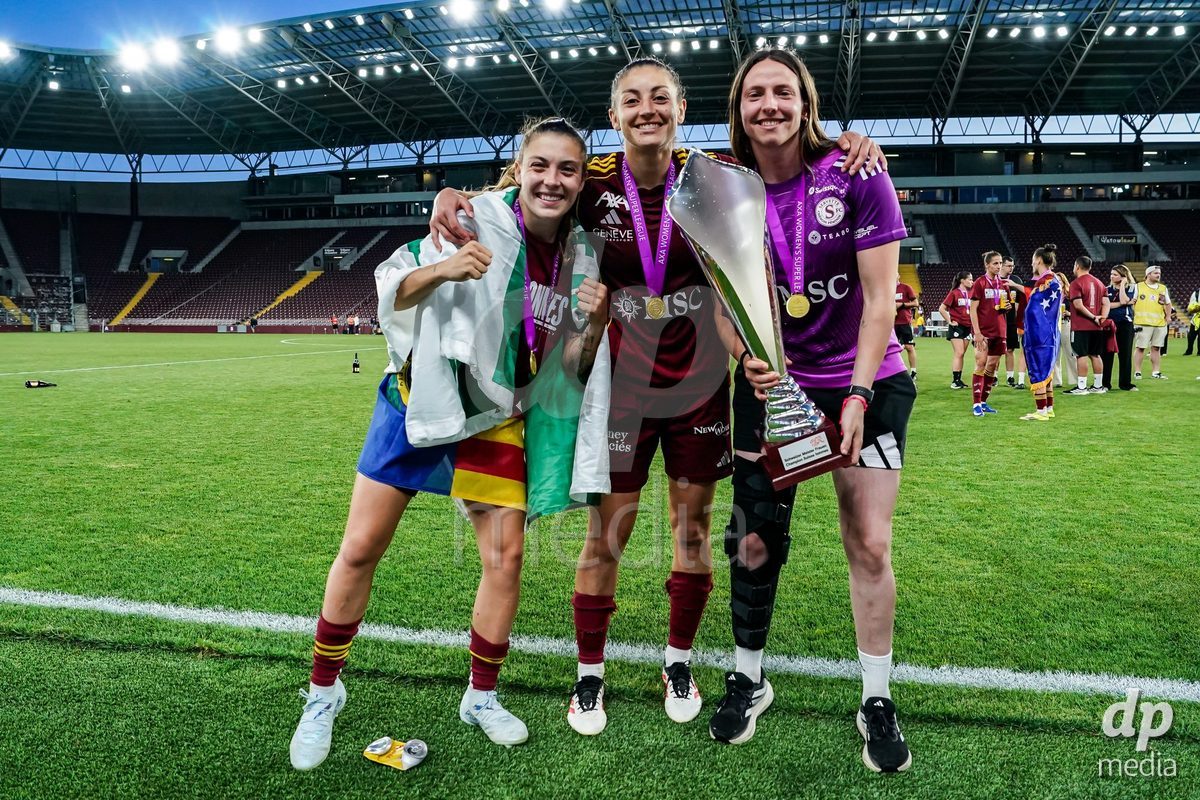 GENEVA, SWITZERLAND - MAY 29: Celebration of team Servette after winning the Final of the AXA Women's Super League match between Servette FC Chenois Feminin and BSC YB Frauen at Stade de Geneve on May 29, 2026 in Geneva, Switzerland.