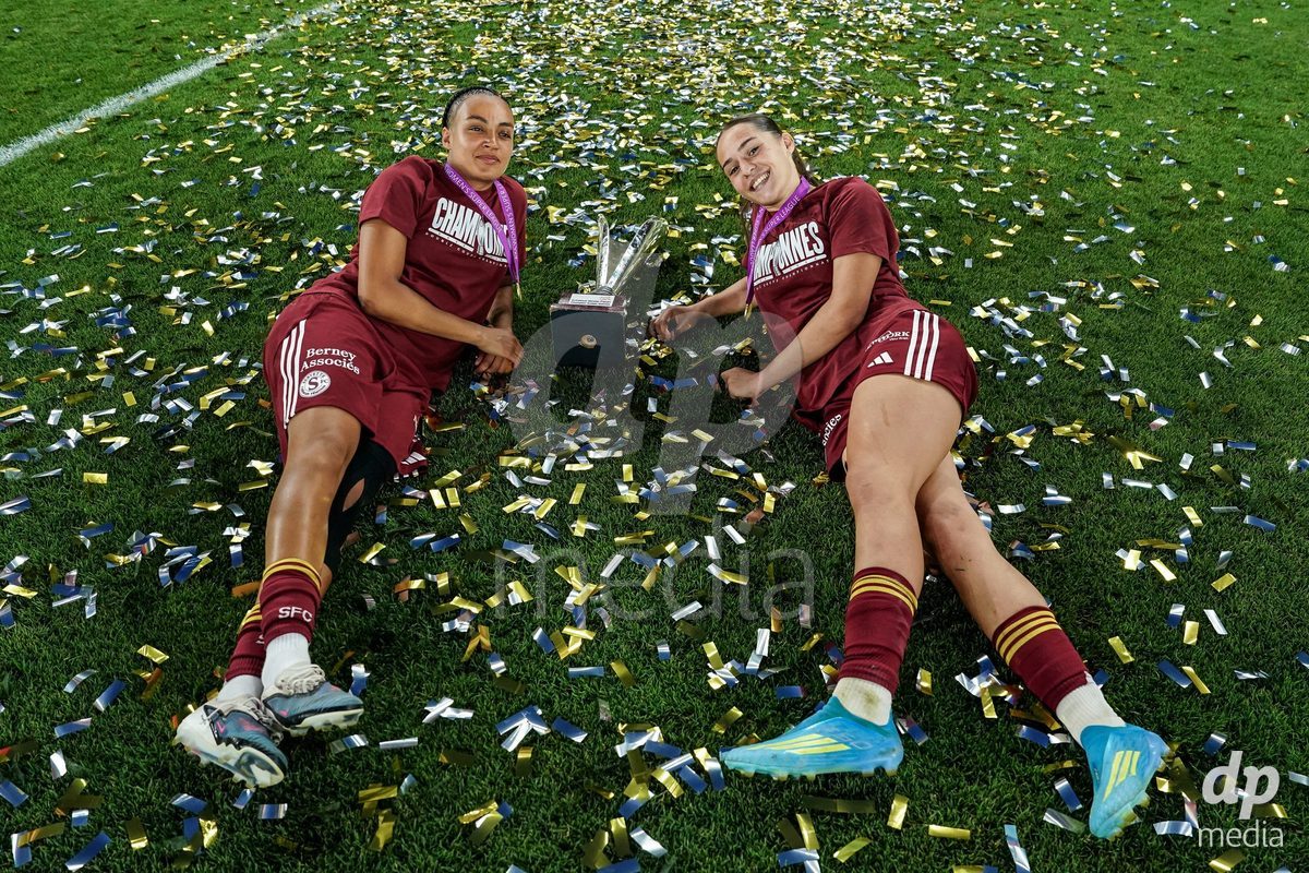 GENEVA, SWITZERLAND - MAY 29: Celebration of team Servette after winning the Final of the AXA Women's Super League match between Servette FC Chenois Feminin and BSC YB Frauen at Stade de Geneve on May 29, 2026 in Geneva, Switzerland.