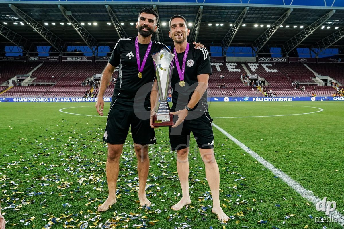 GENEVA, SWITZERLAND - MAY 29: Celebration of team Servette after winning the Final of the AXA Women's Super League match between Servette FC Chenois Feminin and BSC YB Frauen at Stade de Geneve on May 29, 2026 in Geneva, Switzerland.