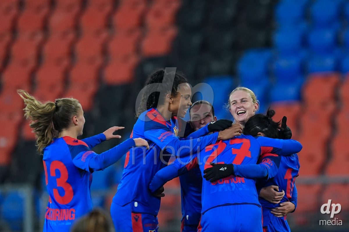 BASEL, SWITZERLAND - OCTOBER 30: Mai Hirata of FC Basel 1893 (surrounded) celebrates with teammates after scoring her team's first goal during the AXA Women's Super League match between FC Basel 1893 and FC Zurich at St. Jakob-Park on October 30, 2026 in Basel, Switzerland.