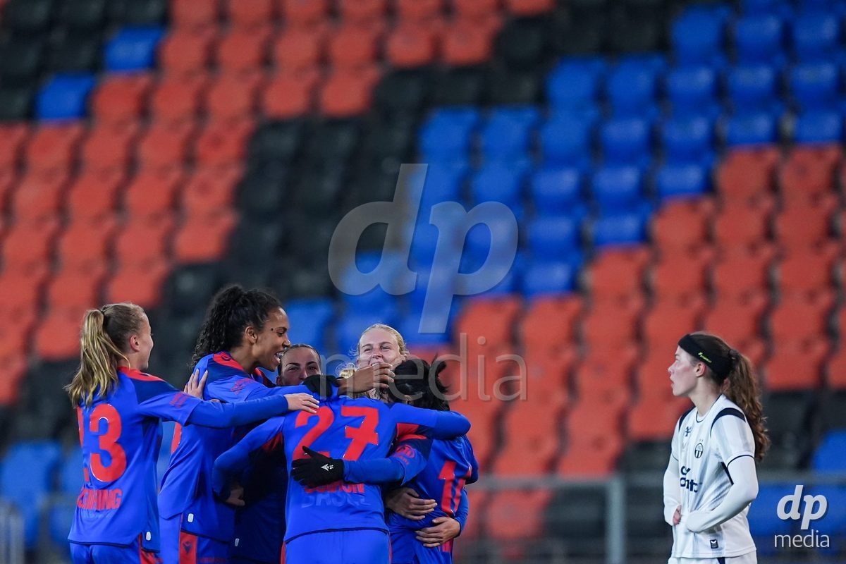 BASEL, SWITZERLAND - OCTOBER 30: Mai Hirata of FC Basel 1893 (surrounded) celebrates with teammates after scoring her team's first goal during the AXA Women's Super League match between FC Basel 1893 and FC Zurich at St. Jakob-Park on October 30, 2026 in Basel, Switzerland.