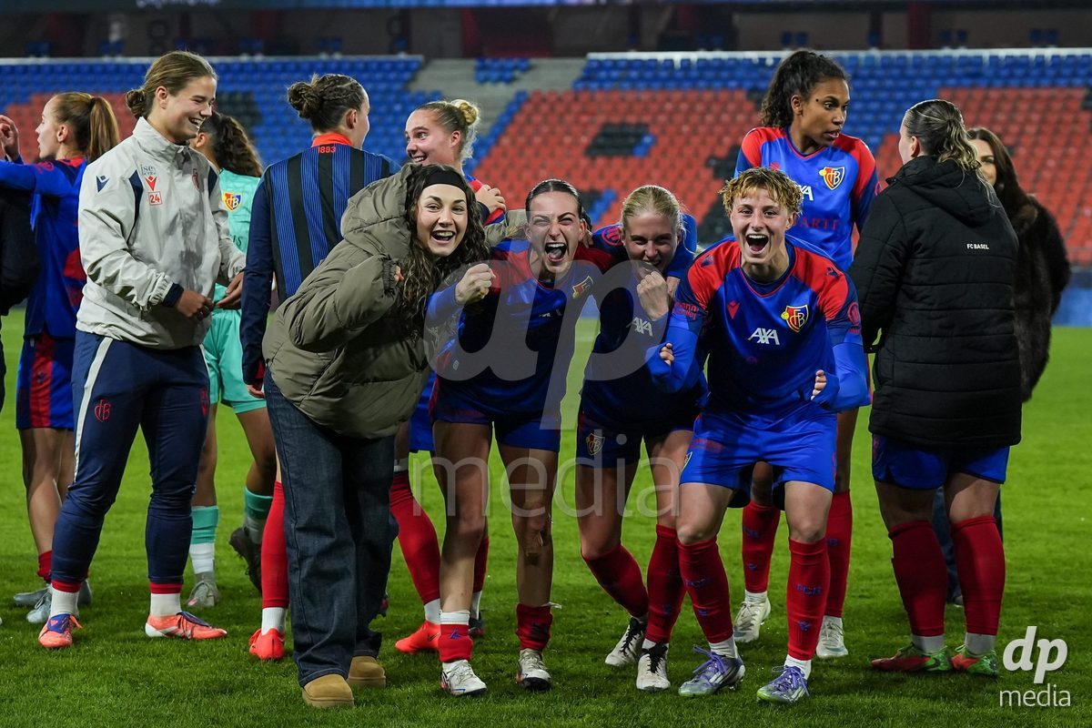 BASEL, SWITZERLAND - OCTOBER 30: Players of FC Basel celebrate the victory after the AXA Women's Super League match between FC Basel 1893 and FC Zurich at St. Jakob-Park on October 30, 2026 in Basel, Switzerland.