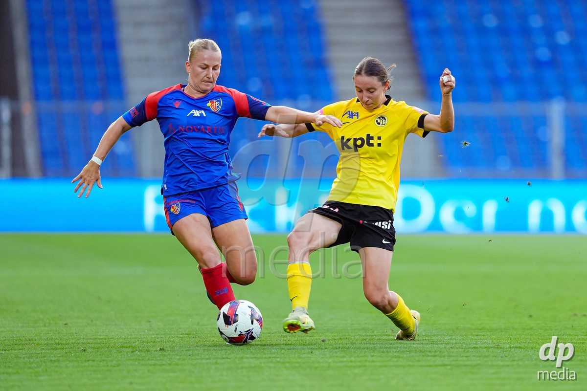 Switzerland: AXA Womens Super League 2026/27, FC Basel 1893 vs BSC YB Frauen - St. Jakob-Park, Basel: Malaurie Granges (13 BSC YB Frauen), right, and Fabia Reinschmidt (6 FC Basel 1893), left, in action.