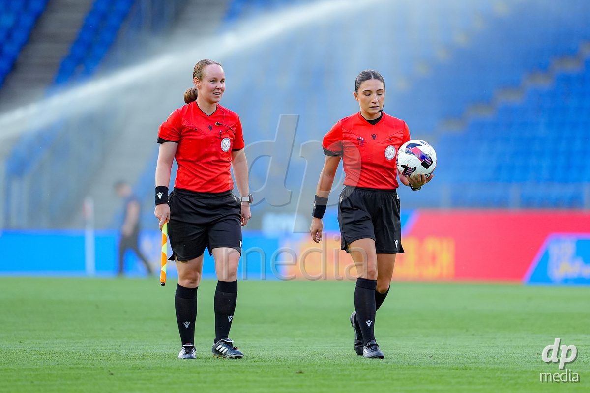 Switzerland: AXA Womens Super League 2026/27, FC Basel 1893 vs BSC YB Frauen - St. Jakob-Park, Basel: Referee Leonora Ismaili, right, and Referee Emilie Aubry, left.