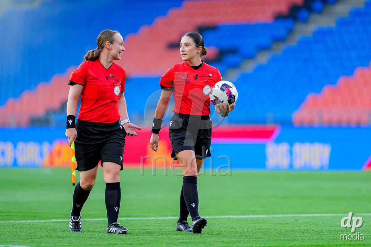 Switzerland: AXA Womens Super League 2026/27, FC Basel 1893 vs BSC YB Frauen - St. Jakob-Park, Basel: Referee Leonora Ismaili, right, and Referee Emilie Aubry, left.