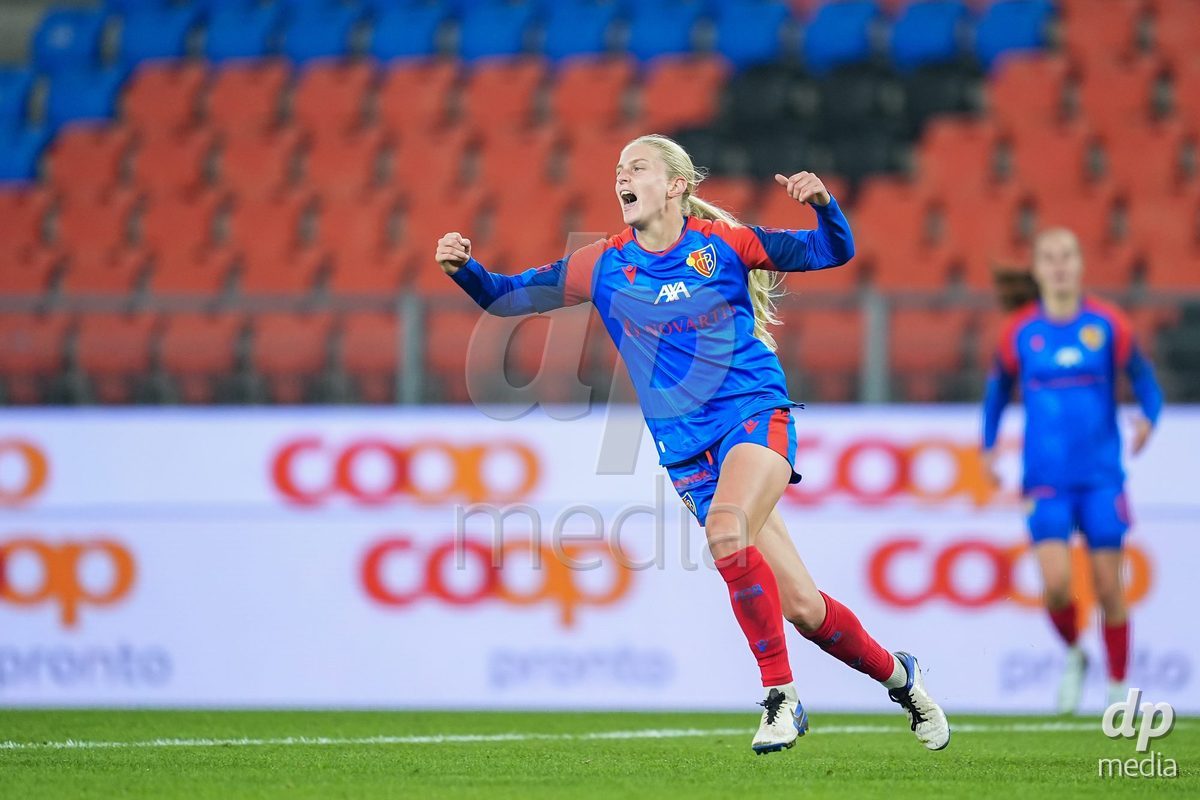 BASEL, SWITZERLAND - OCTOBER 30: Jacqueline Anne Hand of FC Basel 1893 celebrates after scoring her team's first goal during the AXA Women's Super League match between FC Basel 1893 and FC Zurich at St. Jakob-Park on October 30, 2026 in Basel, Switzerland.  (Photo by Daniela Porcelli/DP Media)
