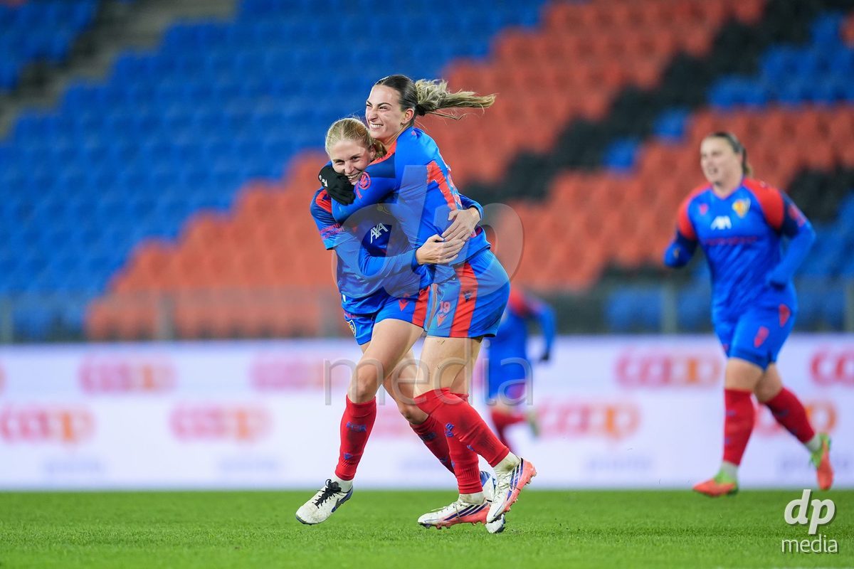 BASEL, SWITZERLAND - OCTOBER 30: Jacqueline Anne Hand of FC Basel 1893 (L) celebrates wth teammates after scoring her team's first goal during the AXA Women's Super League match between FC Basel 1893 and FC Zurich at St. Jakob-Park on October 30, 2026 in Basel, Switzerland.  (Photo by Daniela Porcelli/DP Media)