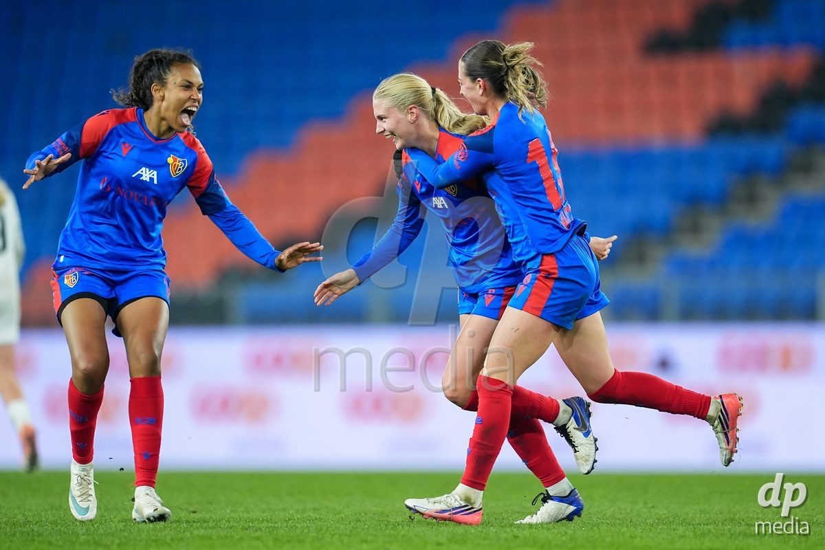 BASEL, SWITZERLAND - OCTOBER 30: Jacqueline Anne Hand of FC Basel 1893 (C) celebrates wth teammates after scoring her team's first goal during the AXA Women's Super League match between FC Basel 1893 and FC Zurich at St. Jakob-Park on October 30, 2026 in Basel, Switzerland.  (Photo by Daniela Porcelli/DP Media)