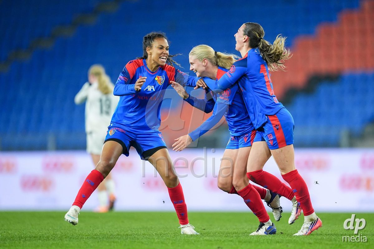 BASEL, SWITZERLAND - OCTOBER 30: Jacqueline Anne Hand of FC Basel 1893 (C) celebrates wth teammates after scoring her team's first goal during the AXA Women's Super League match between FC Basel 1893 and FC Zurich at St. Jakob-Park on October 30, 2026 in Basel, Switzerland.  (Photo by Daniela Porcelli/DP Media)