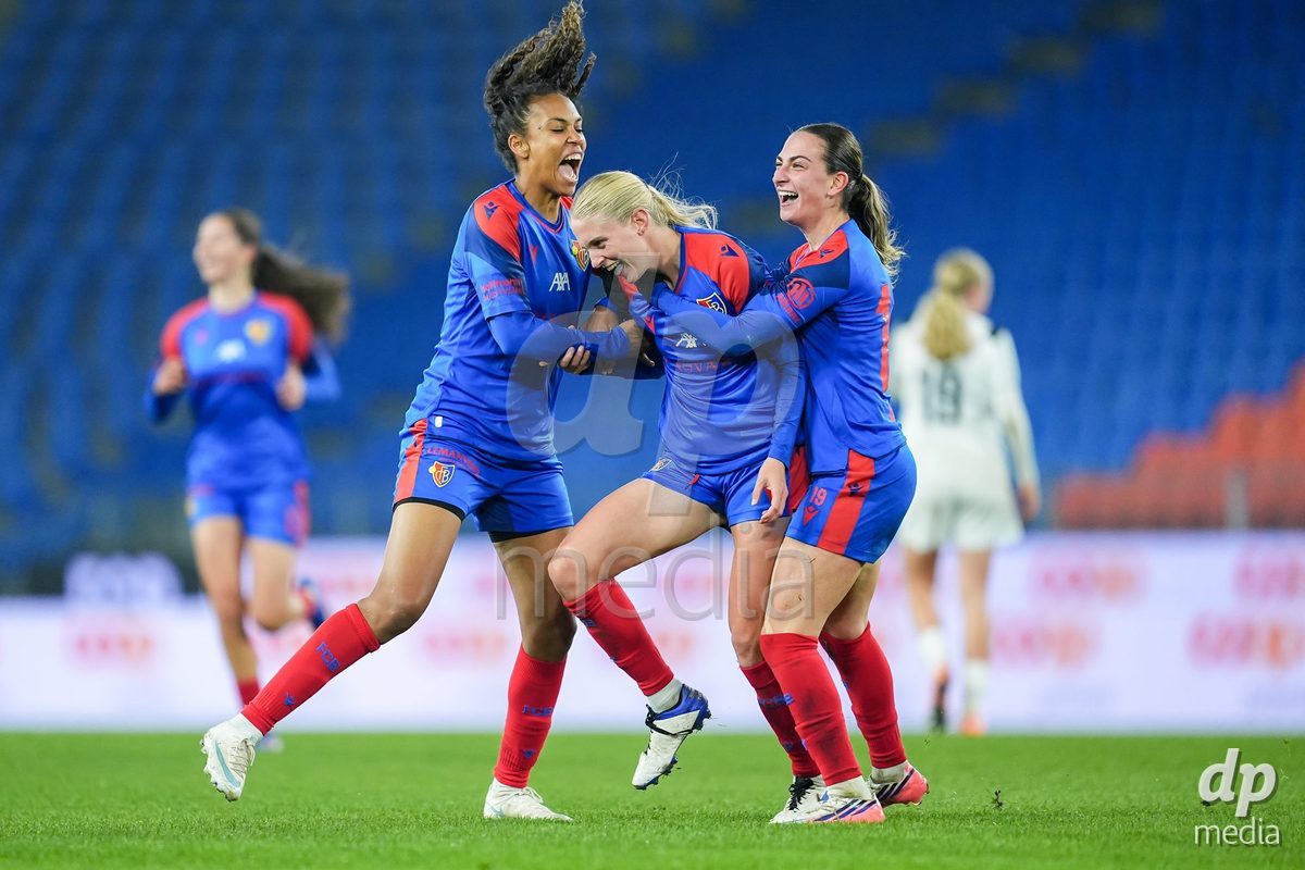 BASEL, SWITZERLAND - OCTOBER 30: Jacqueline Anne Hand of FC Basel 1893 (C) celebrates wth teammates after scoring her team's first goal during the AXA Women's Super League match between FC Basel 1893 and FC Zurich at St. Jakob-Park on October 30, 2026 in Basel, Switzerland.  (Photo by Daniela Porcelli/DP Media)