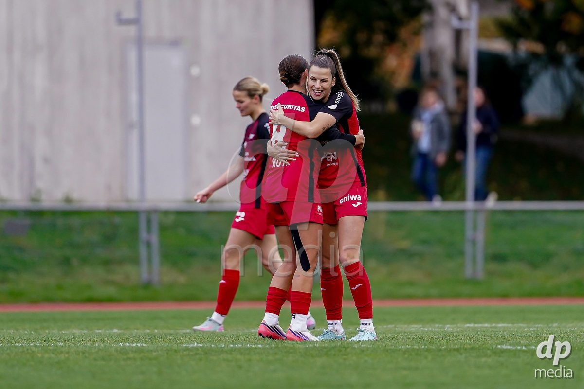 LUZERN, SWITZERLAND - OCTOBER 31: Vanesa Hoti of FC Aarau Frauen and Celia Hofer of FC Aarau Frauen celebrating after teams first goal during the AXA Women's Super League match between FC Luzern and FC Aarau Frauen at Hubelmatt on October 31, 2026 in Luzern, Switzerland.