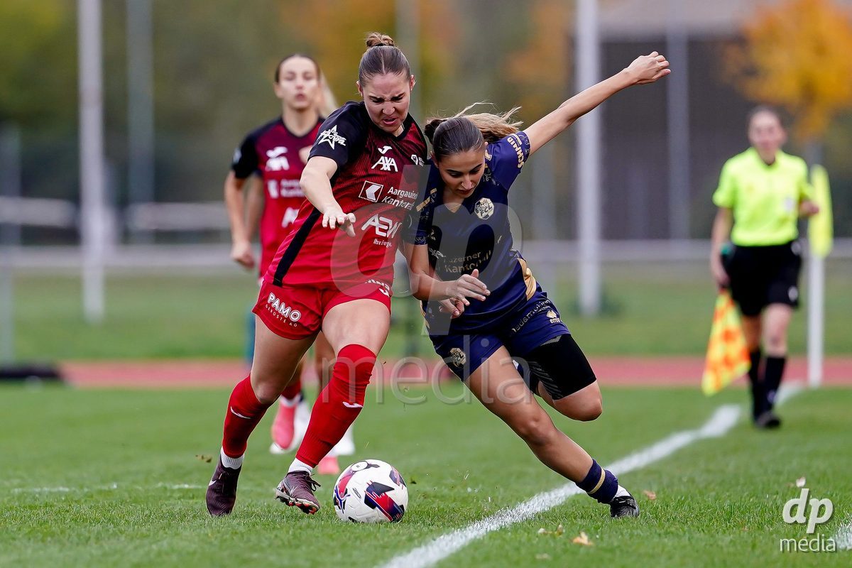 LUZERN, SWITZERLAND - OCTOBER 31: Rebecca Anne Storr of FC Aarau Frauen battles for the ball during the AXA Women's Super League match between FC Luzern and FC Aarau Frauen at Hubelmatt on October 31, 2026 in Luzern, Switzerland.