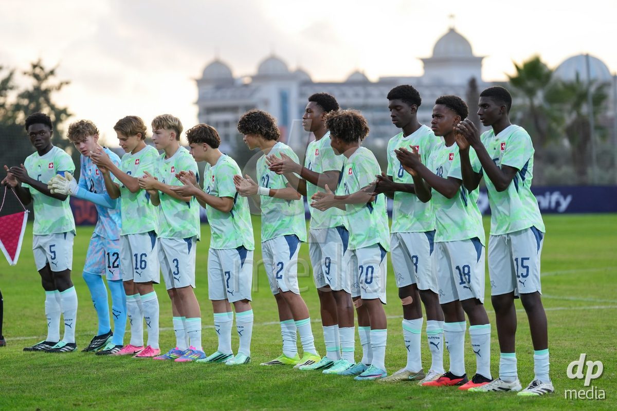 SIDE, TURKIYE - OCTOBER 31: Players of Switzerland during the national anthem prior to the International Friendly tournament football match between Portugal U16 and Switzerland U16 at Emirhan Sport Complex on October 31, 2026 in Side, Turkiye.