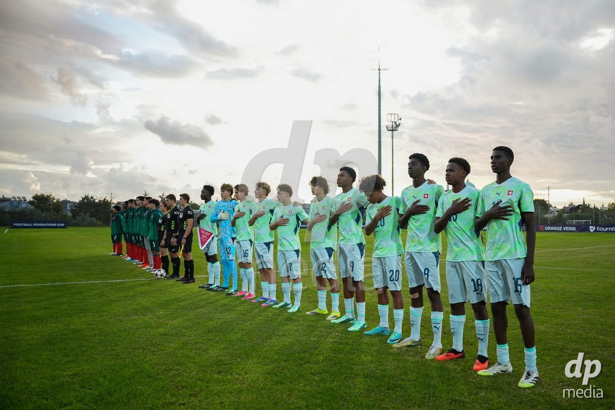 SIDE, TURKIYE - OCTOBER 31: Players of Switzerland during the national anthem prior to the International Friendly tournament football match between Portugal U16 and Switzerland U16 at Emirhan Sport Complex on October 31, 2026 in Side, Turkiye.