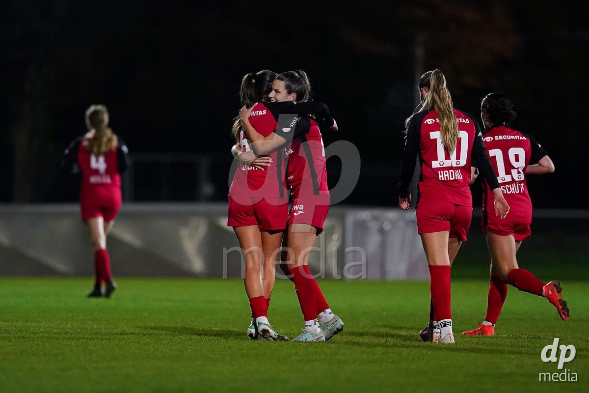 LUZERN, SWITZERLAND - OCTOBER 31: Celia Hofer of FC Aarau Frauen celebrating with team after scoring teams second goal during the AXA Women's Super League match between FC Luzern and FC Aarau Frauen at Hubelmatt on October 31, 2026 in Luzern, Switzerland.