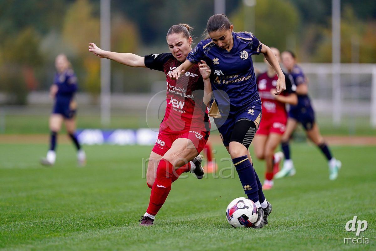 LUZERN, SWITZERLAND - OCTOBER 31: Rebecca Anne Storr of FC Aarau Frauen battles for the ball during the AXA Women's Super League match between FC Luzern and FC Aarau Frauen at Hubelmatt on October 31, 2026 in Luzern, Switzerland.