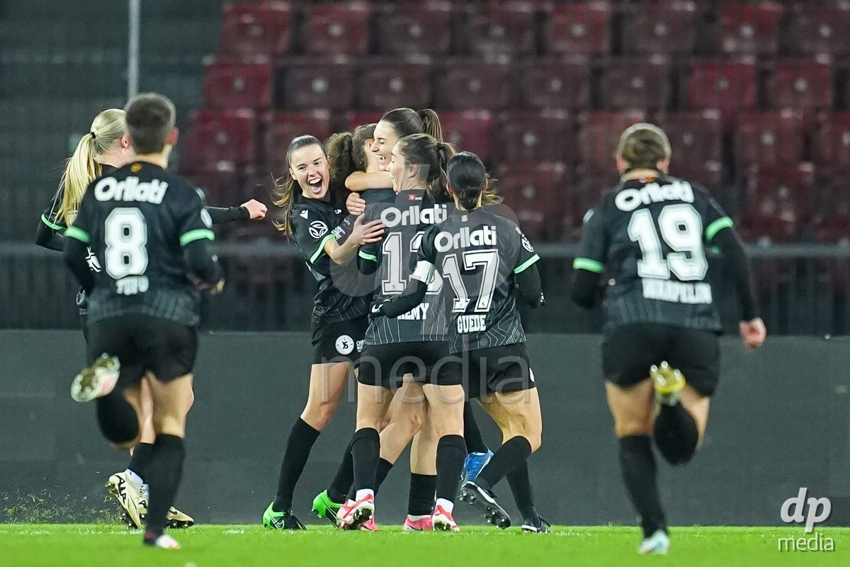 ZURICH, SWITZERLAND - OCTOBER 31: Andrea Maddalen Sierra Larrauri of Yverdon Sport Women (surrounded) celebrates with teammates after scoring her team's first goal during the AXA Women's Super League match between GC Frauenfussball and Yverdon Sport Women at Letzigrund on October 31, 2026 in Zurich, Switzerland. (Photo by Daniela Porcelli/DP Media)