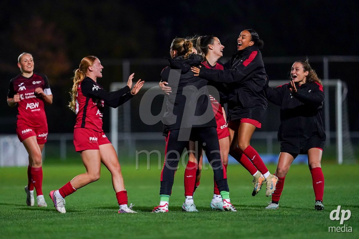 LUZERN, SWITZERLAND - OCTOBER 31: Celia Hofer of FC Aarau Frauen celebrating with team after scoring teams second goal during the AXA Women's Super League match between FC Luzern and FC Aarau Frauen at Hubelmatt on October 31, 2026 in Luzern, Switzerland.